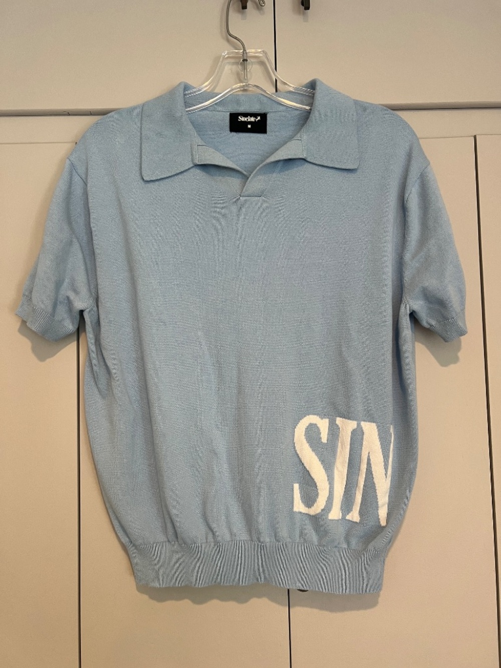 Sinclair Global Monte Carlo Light Blue Logo Print Short Sleeve Knit Polo Shirt S